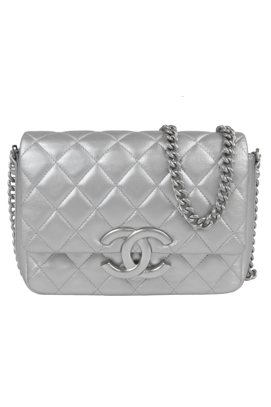 Chanel Chain Shoulder Bag Silver Lambskin Quilted Big CC Logo
